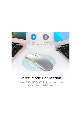 Mufunye Optik Kablosuz Fare, 2.4g+bt3.0+bt5.2 Üçlü Bağlantı, Led Işık Efekti, 500mah Pil, Sessiz Ofis Kullanıma Uygun, Gümüş Renk Type-c Adaptörü İle Optik