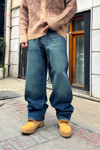 Flaw Eskitme Model Çizgili Baggy Jean Mavi Mavi