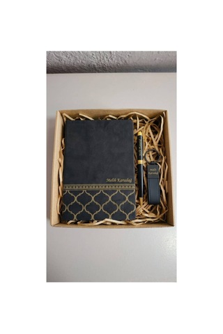Kişiye Özel Ajanda Set Vıp Desenli Defter & Kalem & Anahtarlık Set - Lacivert Siyah Siyah