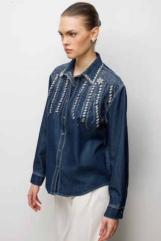 Ekol Kadın Taş İşlemeli Denim Görünümlü Gömlek 2910 Indigo Indigo