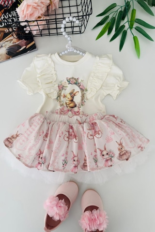 Miniğimin Cicileri Vintage Tavşan Detaylı Firfırlı Kız Bebek ... Ekru