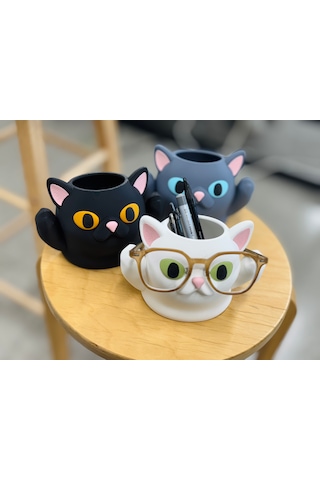 Kedi Tasarımlı Gözlük Ve Kalemlik Standı Çok Amaçlı Masaüstü Organizer 17x12x12cm Gri