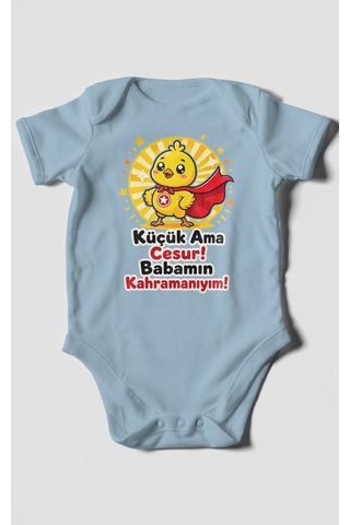 Morivokids Küçük Ama Cesur Babamın Kahramanıyım Kısa Kollu Bebek Body %100 Pamuk Bebe Mavisi
