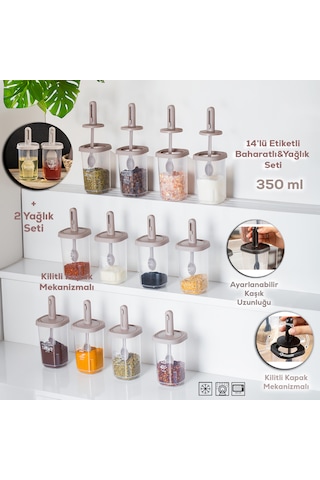Porsima 1105 Kaşıklı 14'lü Baharatlık Seti Yağdanlıklı Cappuccino