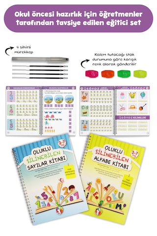 Oluklu Silinebilen Yazı Kitabı Seti Alfabe + Sayılar Sihirli Kalemli Kabartmalı Yaz-sil 3 6 Yaş
