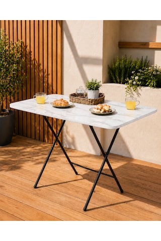 Katlanır Masa 60x90 Cm Yemek Masası Balkon Masası Beyaz Mermer