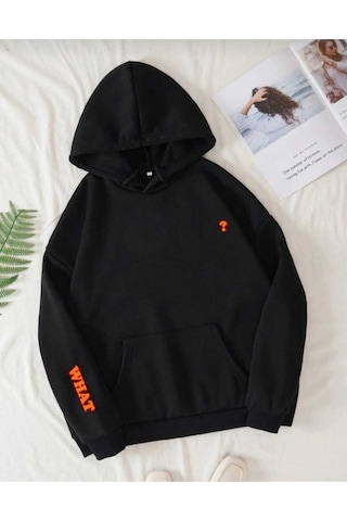Hunors Sportswear & Company What Baskılı Unisex Model Pamuklu Kapüşonlu Sweatshirt SIYAH