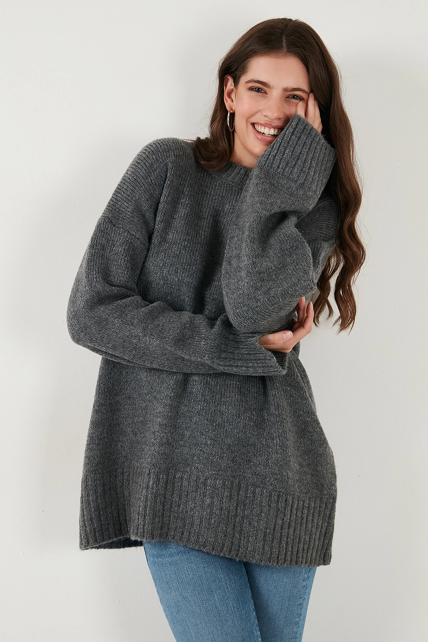 Lela Regular Fit Bisiklet Yaka Basic 2'Li Paket Triko Bayan Kazak 4616213S2 Antrasit-Bordo