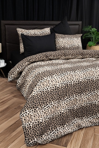 Leopar Desenli Lastikli Çarşaflı Çift Kişilik Nevresim Takımı Antrasit