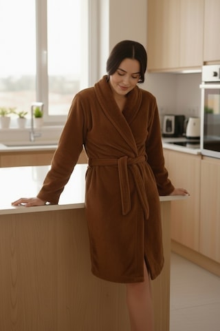 Mislina Home Lumor Şal Yaka Wellsoft Peluş Yumuşak Sabahlık Kahverengi Kahverengi