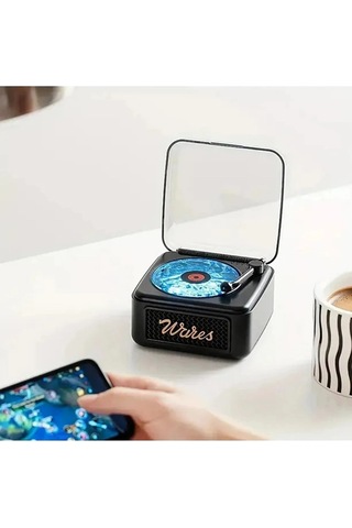 Kargo Nostalji Mini Plak Görünümlü Radyolu Bluetooth Hoparlör 3d Ses Dalgası Retro Müzik Plak Siyah Najmaddin