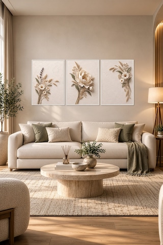Beyaz Çerçeveli Ivory Meadow Peony 3 Lü Ahşap Çerçeveli Mdf Tablo Seti Şakayık, Lavanta Ve Papatya Kuru Çiçek Temalı Kabartma Görünümlü Renk: Beyaz