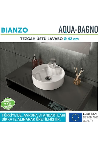 Aqua Bagno "bianzo" Tezgah Üstü Lavabo, Batarya Delikli, 42 Cm Beyaz
