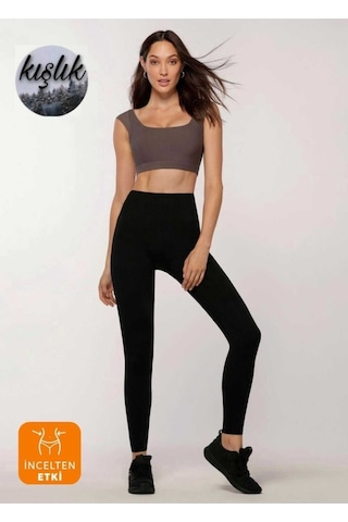 Momslab Incelme Etkili Siyah Kışlık Toparlayıcı Şardonlu Yüksek Bel Örme Çelik Taytsiyahxl Siyah