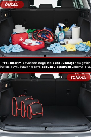 3'lü Cırtlı Keçe Kumaş Oto Bagaj Çantası Geniş Hacimli,dayanıklı,araç İçi Düzenleyici Kırmızı Kenar