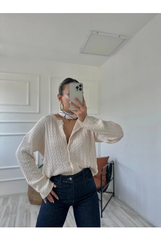 Keymoda Kadın Saç Örgülü Hırka Krem Krem