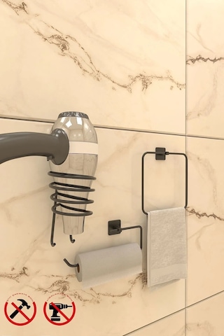 Yapışkanlı Kare Havluluk Kare Fön Ve Kare Rulo Havluluk Banyo Aksesuar Seti Siyah