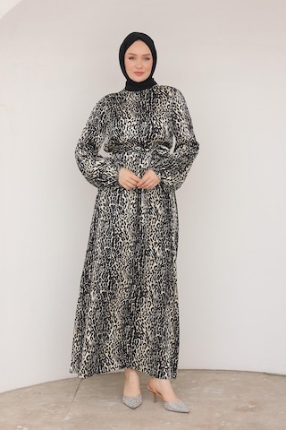 Armine Trend Leopar Desenli Beli Kemerli Elbise Siyah 24kt904 Siyah