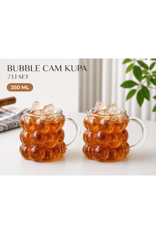 2 Adet Kulplu Kabartmalı Boncuk Üzüm Bardak Borosilikat 350 Ml Renksiz / Şeffaf