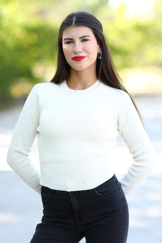 Giysa Kadın Bej Fitilli Crop Triko Kazak Kısa Model Akrilik Kumaş Ribanalı - 3122 Bej