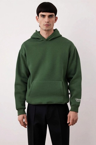 Benerly Erkek Kapüşonlu Standart Kol Oversize Kalıp Slogan Desenli Sweats Haki
