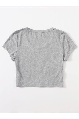 U Yaka Gri Renk Fitilli Kısa Kollu Regular Crop Top Bluz Gri