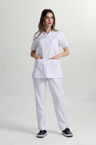 Beyaz Zarfyaka Doktor Hemşire Forması Takım (Alpaka Kumaş)
