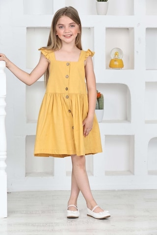 Kız Çocuk %100 Pamuk Keten Elbise 12197 Hardal