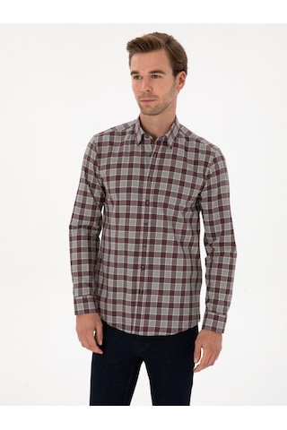 Cacharel Bordo Slim Fit %100 Pamuk Kareli Gömlek Kırmızı