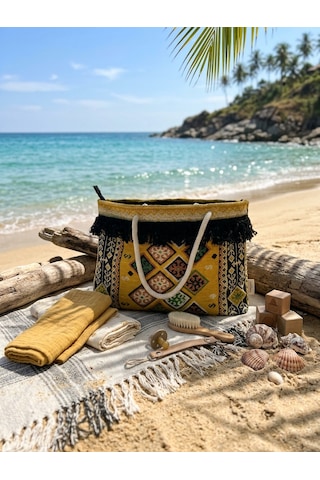 Etnik Desenli Kilim Omuz Ve Plaj Çantası 50x30 Cm Açık Sarı