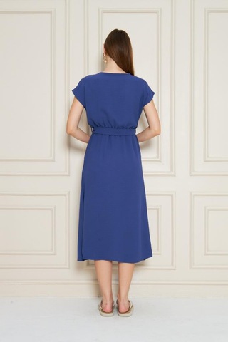 Kadın Kruvaze Yaka Cepli Derin Yırtmaçlı Beli Lastikli Aerobin Günlük Yazlık Elbise 3764341 İndigo