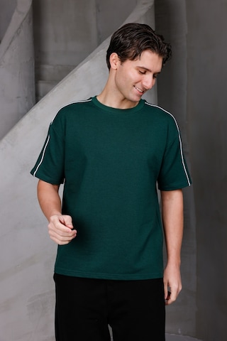 Erkek Şeritli Oversize Bisiklet Yaka 2 İki İplik Kompakt T-shirt Nefti