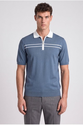 Sabri Özel Mavi Regular Fit Fermuarlı Polo Yaka Örme Triko T-shirt