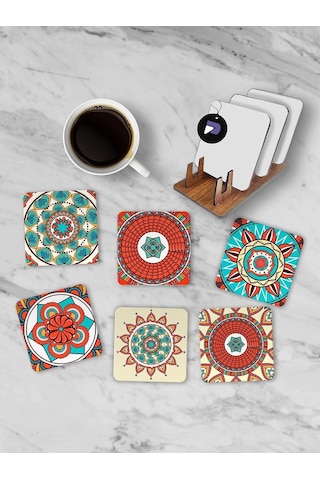 Pster21257 Etnik Mandala Desenli Standlı Ahşap Bardak Altlığı Seti, 6 Adet Baskılı Bardak Fincan Kahve Altlığ Genel