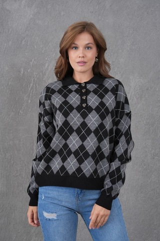 Kadın Polo Yaka Yarım Pat Düğme Detay Desenli Oversize Triko Kazak Siyah