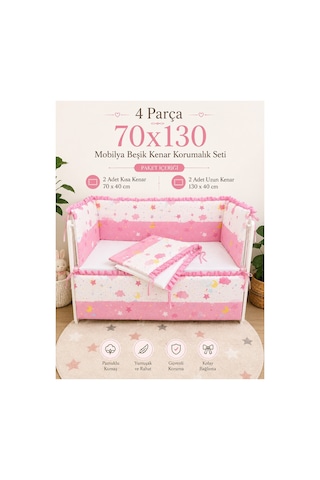 Baby Clime 70x130 Mobilya Beşik Kenar Koruyucu Seti - 4 Parça Rüya Serisi Pembe Fırfırlı