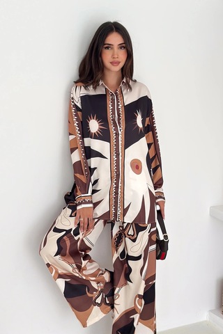 Modal Saten Kumaş Desenli Takım Kahverengi Kahverengi