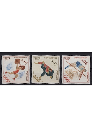 Monako 1964 Tokyo Olimpiyat Oyunları Damgasız 3 Adet Pul.