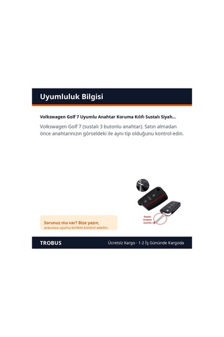 Trobus Volkswagen Golf 7 Uyumlu Anahtar Koruma Kılıfı Katlanır Siyah Kırmızı