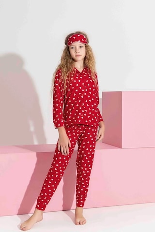 Miniğimin Cicileri Termal Kumaş Kalp Desenli Kız Çocuk Pijama... Kırmızı