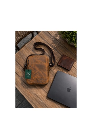 Alphaclub Bag Erkek Crazy Bej Hakiki Deri Postacı El Ve Omuz Çantası Orta Boy Model 002