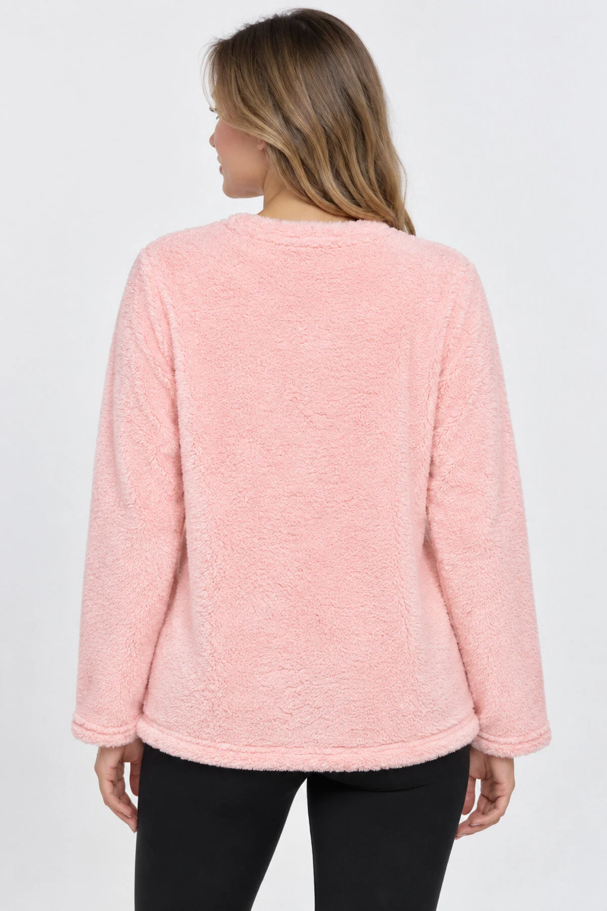 Neco Giyim Kadın Pembe Peluş Polar Pijama Üstü Yumuşak Tüylü Kışlık Ev Giyim Sweat