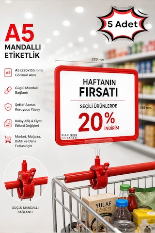5 Adet - A5 Mandallı Etiketlik Fiyatlık Sepet Raf Askılık Fiyat Etiketi Çerçeveli Market Mağaza Kırmızı