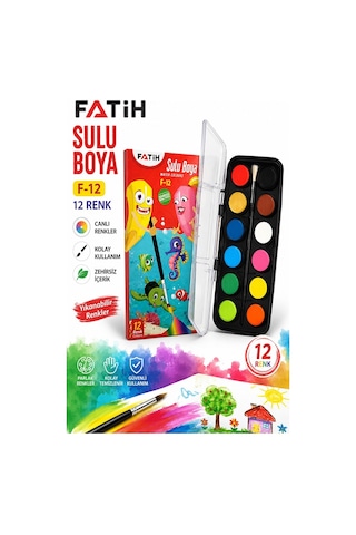 12 Renk Sulu Boya 23mm 1 Paket Fatih F-12 12 Li Suluboya Fırça Hediyeli Canlı Renkler Kaliteli Yıkanabilir Zararsız Çok Renkli