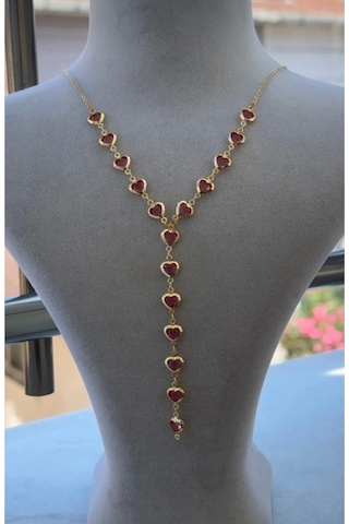 Kadın Gold Renk Zirkon Taşlı Özel Tasarım Y Model Kolye Pembe