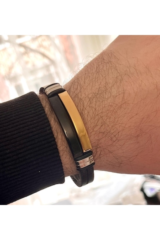 Trend Model Çelik Ve Deri Mixli Erkek Bileklik 22 Cm Siyah