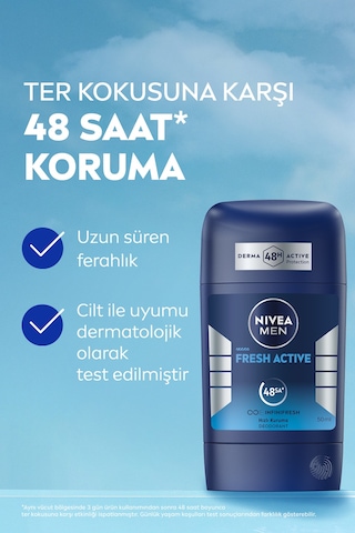 Men Erkek Stick Deodorant Fresh Active 50ml, Ter Kokusuna Karşı 48 Saat Koruma, Alüminyum İçermez