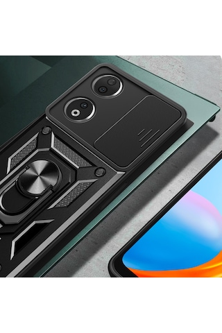 Teknomoda Honor 90 Kılıf Yüzüklü Standlı Sürgülü Kamera Korumalı Tank Sert Silikon Kapak Siyah