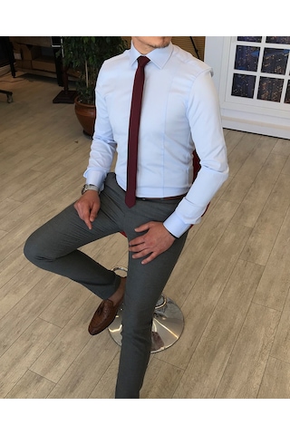 İtalyan Stil Slim Fit Saten Kravat Yaka Gömlek B Mavisi T4773 Buz Mavisi Buz Mavi