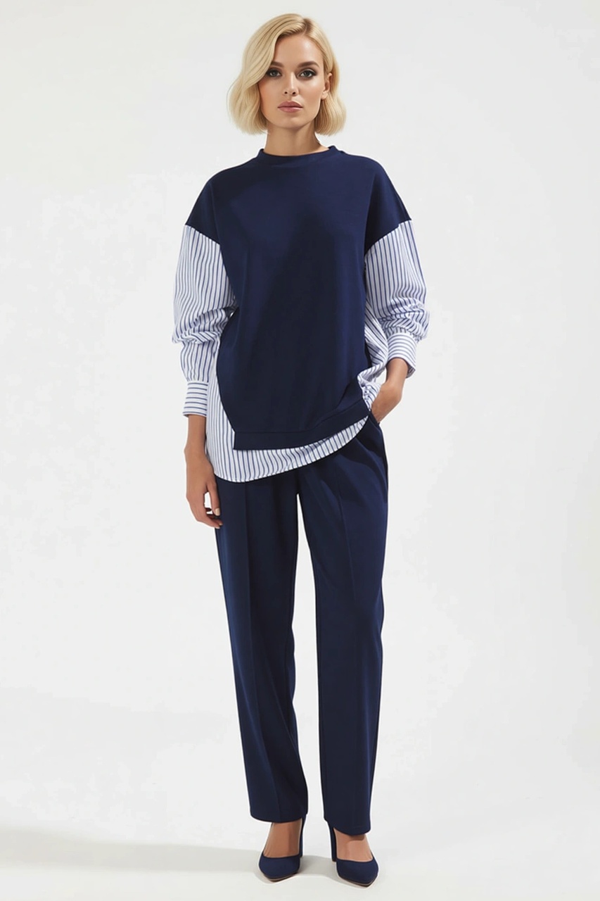 Benerly Kadın Alt Üst Oversize Rahat Kesim Örme Sweatshirt Ve Geniş Paça Lacivert